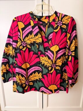 J. Crew Bold Floral V-Neck Blouse in Fuchsia, Mustard & Green